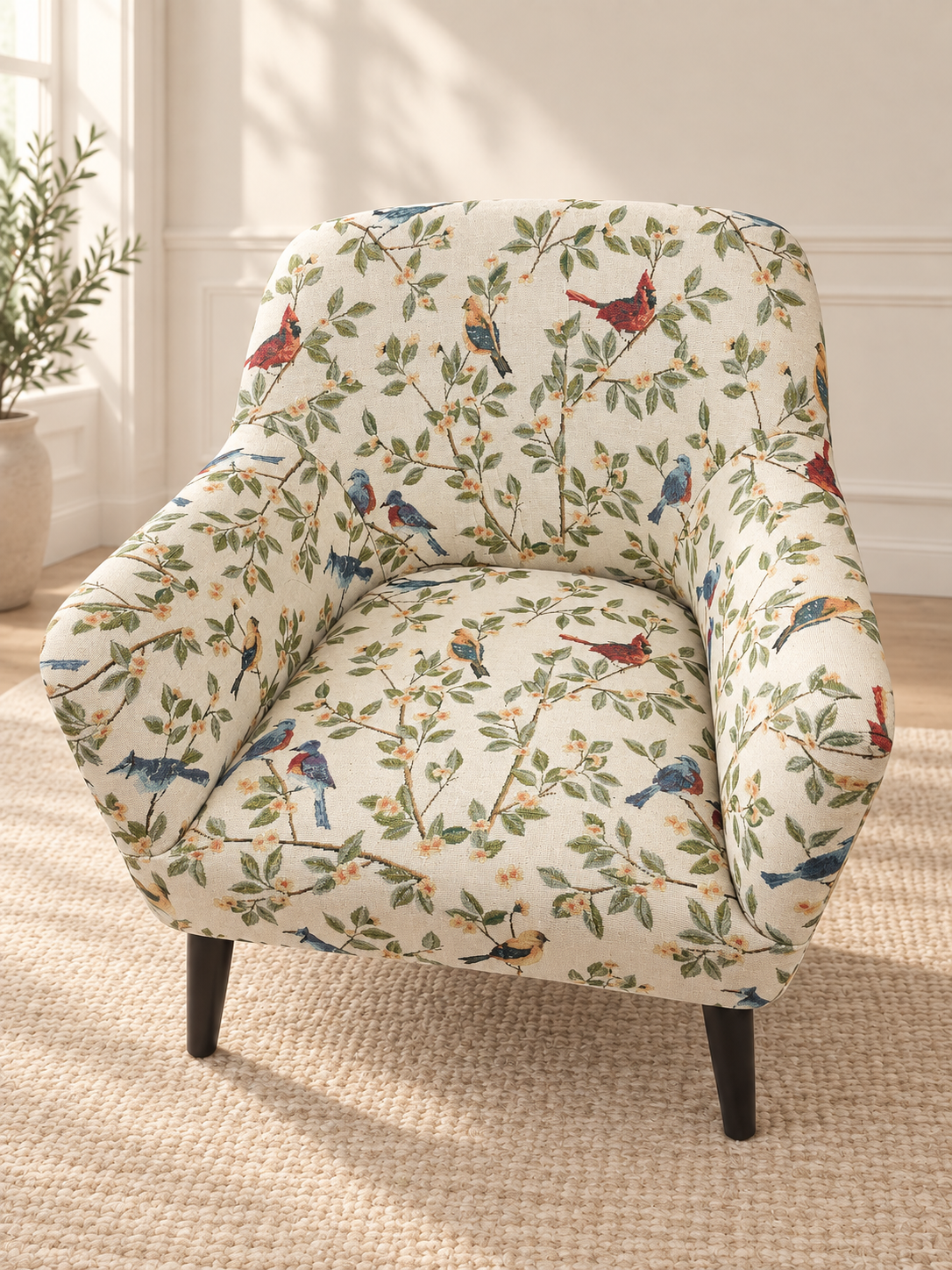 AI-retouched project photo of an accent chair in a cream bird-and-leaf botanical print