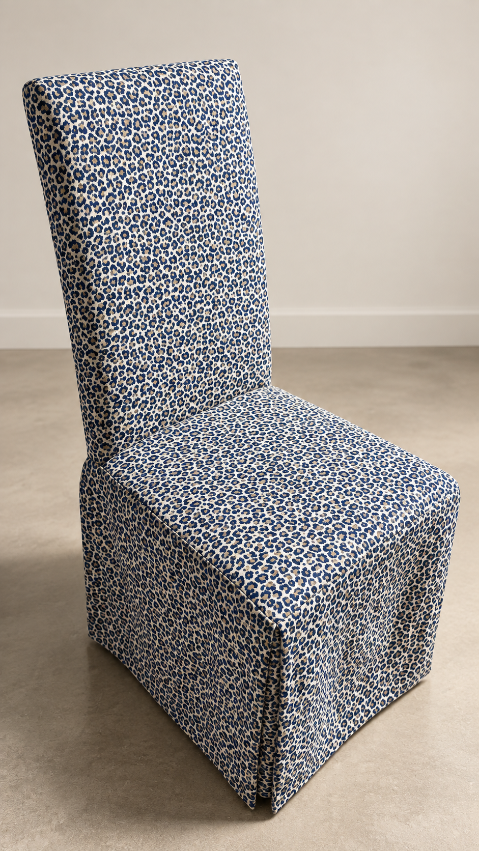 Color preview of a chair in navy and ivory animal-spot upholstery